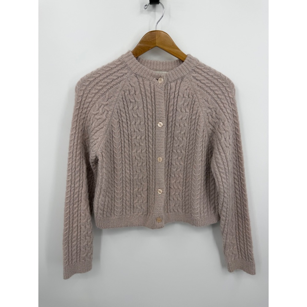 LONSLAN Cable Knit Cardigan Sweater Women sz S pink beige Button Front Raglan